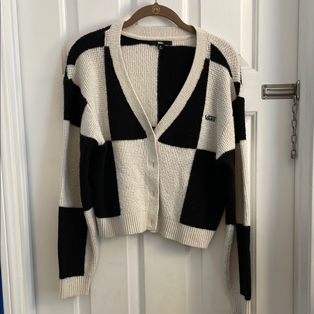 Vans Black and White Cardigan Sweater with Geometric Design